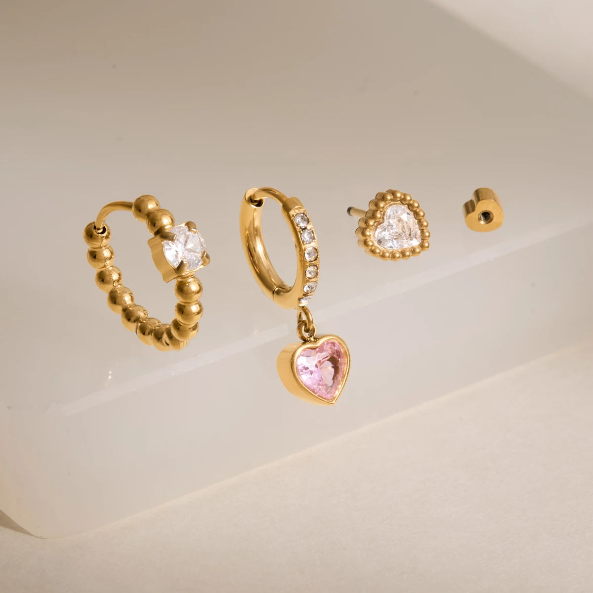 Kika 3 Pcs/Set Heart Zircon Earrings 18K Gold PVD Plated Stainless Steel 316L