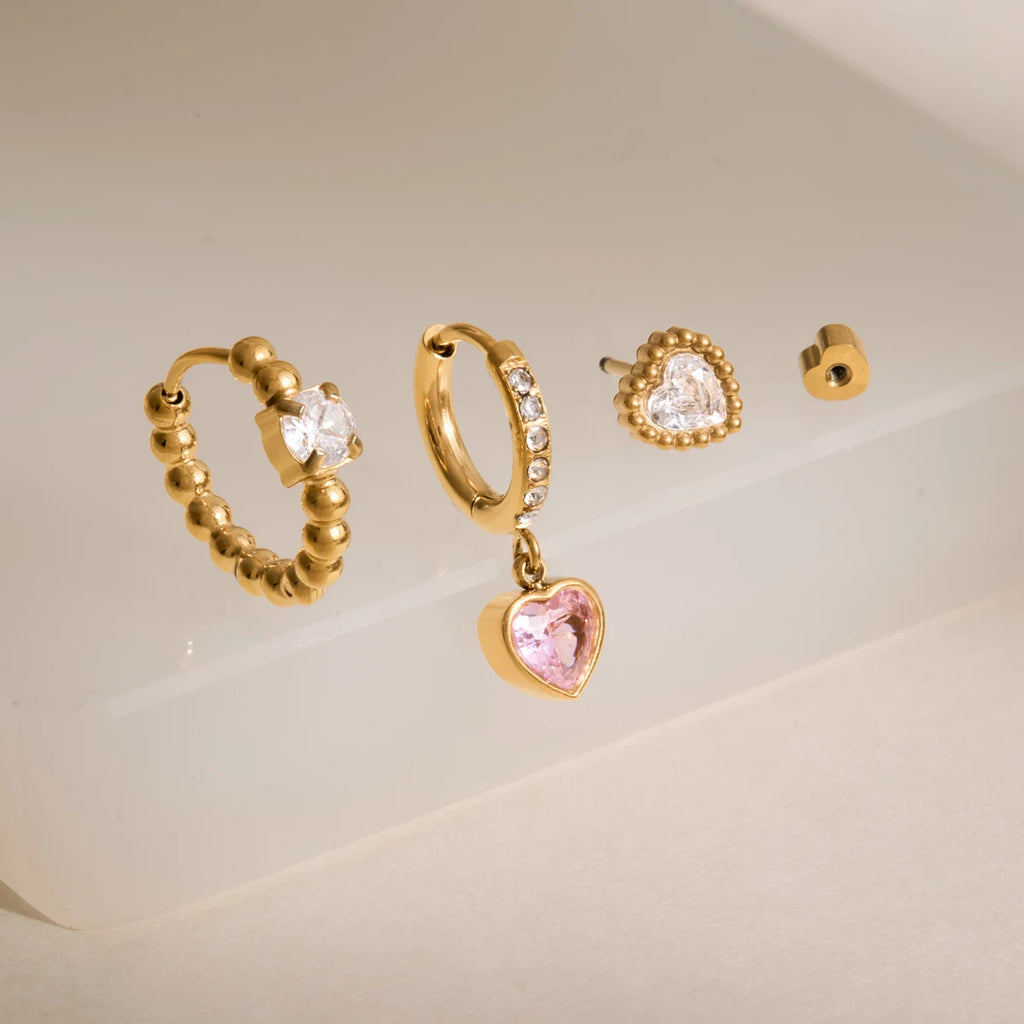 Kika 3 Pcs/Set Heart Zircon Earrings 18K Gold PVD Plated Stainless Steel 316L