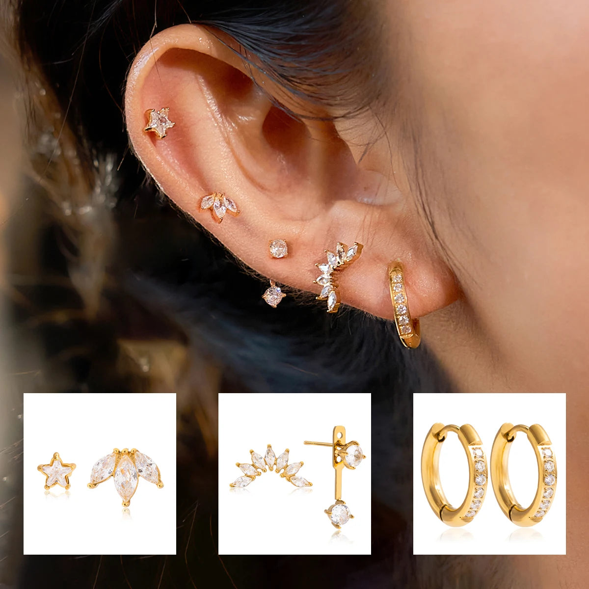 KIKA 6pcs Simple Classic White Zircon Pentagram Leaves Ear Studs 18K Gold Color PVD Plated Stainless Steel 316L Multi Pair One Card Ear