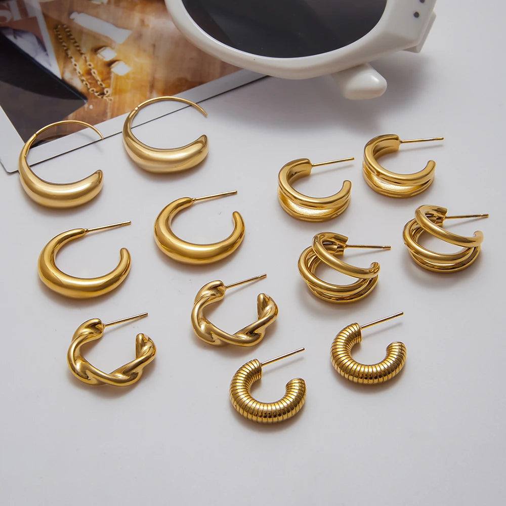 KIKA Minimalist Classic 18K Gold Color PVD  Plated Stainless Steel 316L C-Shaped Earrings Hypoallergenic Waterproof