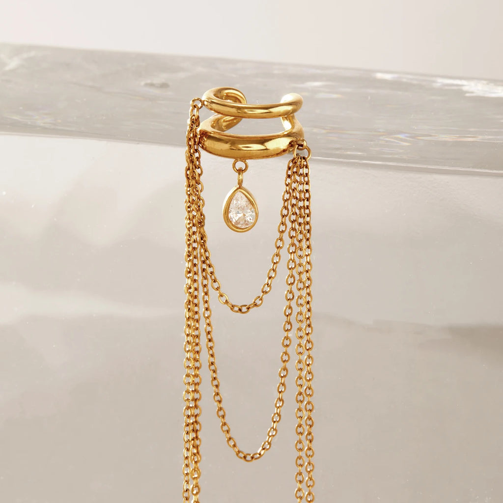 KIKA Water Drop Zircon Long Chains Tassel Non-piercing Ear Clip For Women Classic 18K Gold PVD Plated Stainless Steel 316L