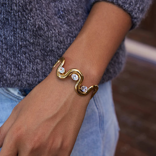 KIKA Classic Trendy 18K Gold Color PVD Plated Elliptical White Zircon Irregular Open Bracelets Waterproof Stainless Steel 316L