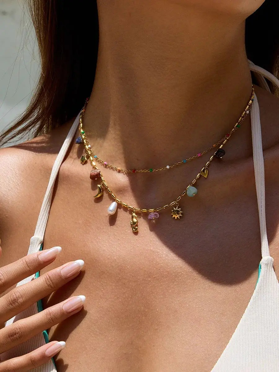 kika Fashion Vacation Style Stainless Steel Natural Color Stone Pendant Necklace