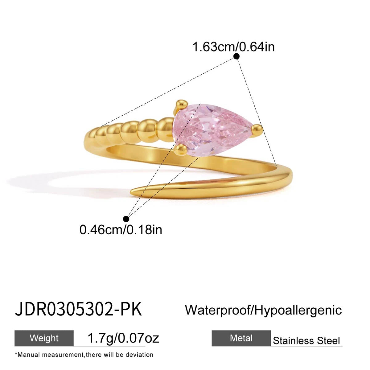 KIKA Water Drop Zircon Snake Shape Open Rings 18K Gold PVD Plated Stainless Steel 316L