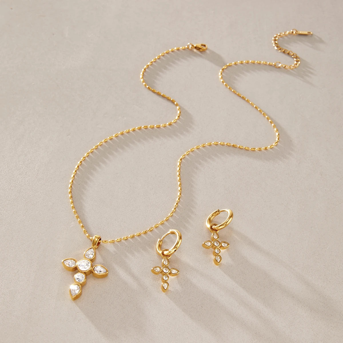 KIKA  Classic Zircon Cross Necklace Earrings  18K Gold PVD Plated Stainless Steel316L