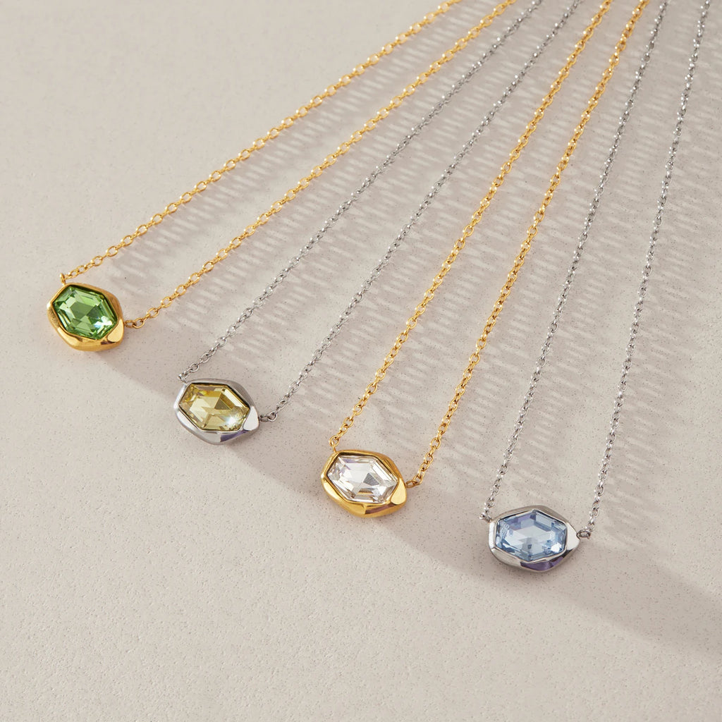 KIKA Geometric Glass Stone Pendant Necklace PVD 18K Gold Plated Stainless Steel 316L