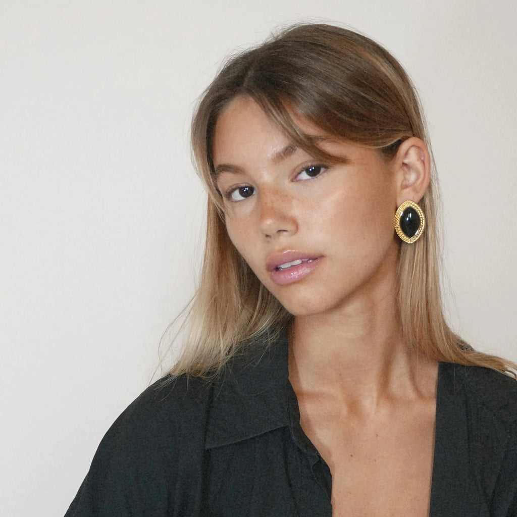Black Stone Earrings Statement Golden Metal