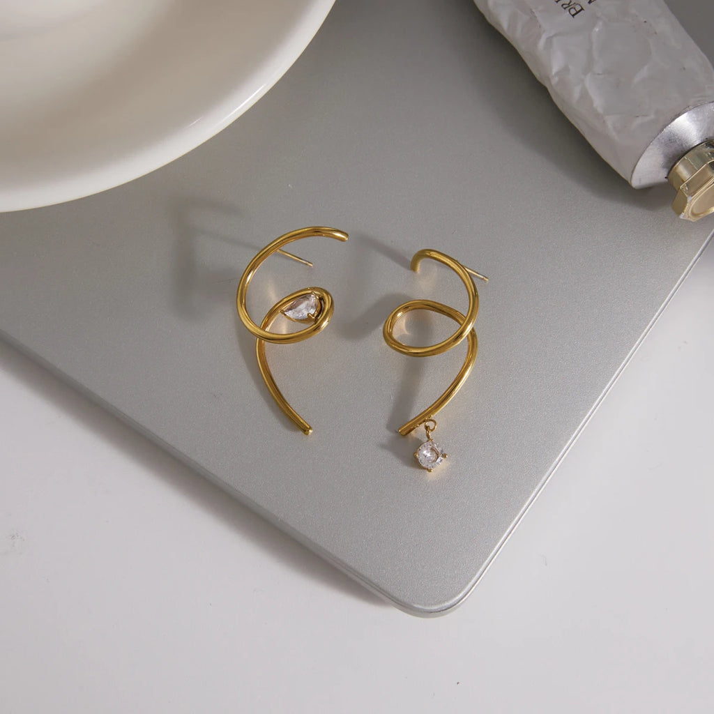 Kika Asymmetric Water Drop Round Zircon Spiral Stud Earrings