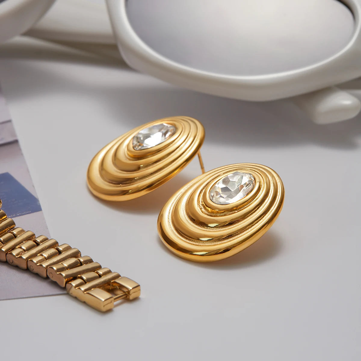 Kika Minimalist 18K Gold Color Plated Stainless Steel Round White Zircon Ribbed Round Ear Studs