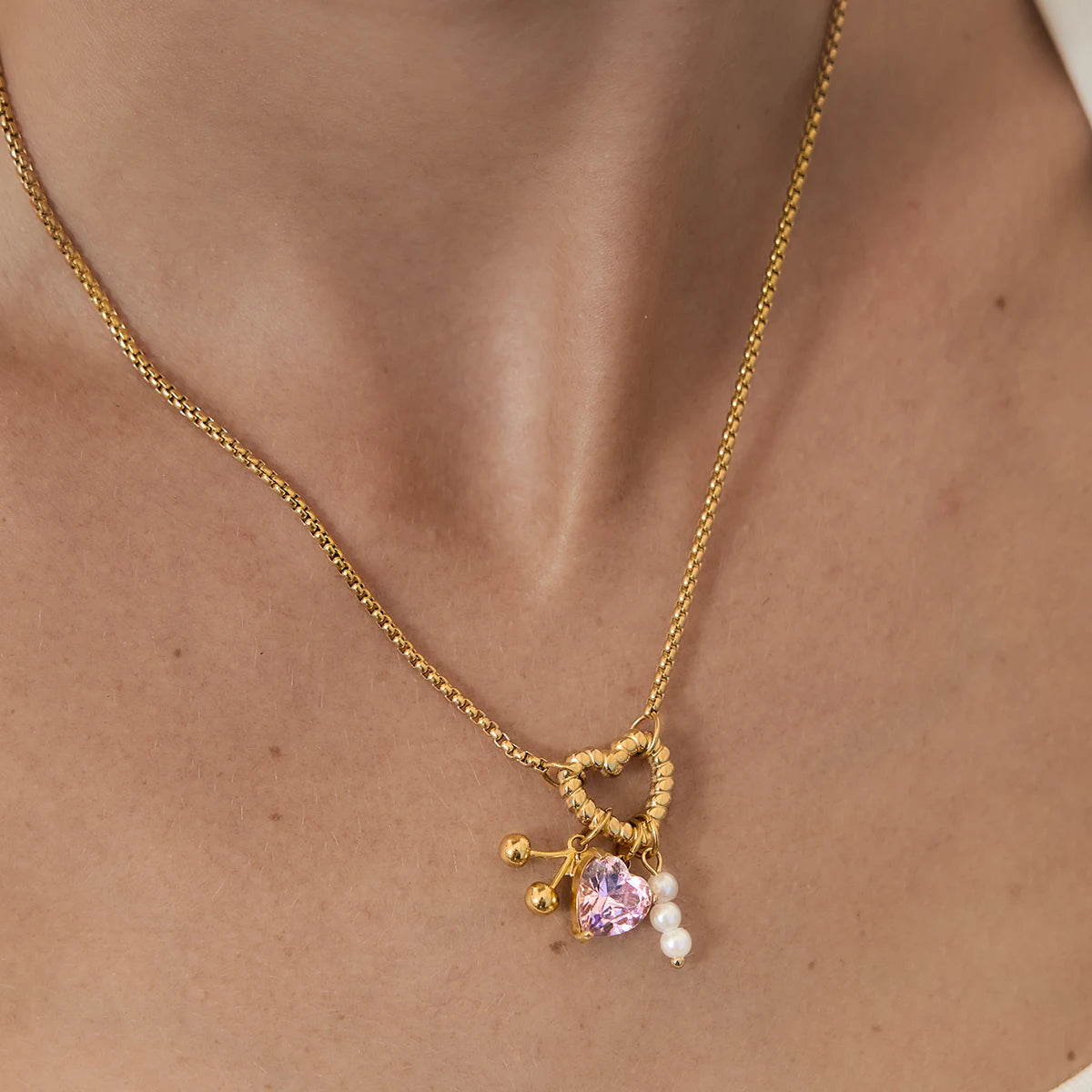 Kika Delicate Pink Heart-Shaped Zircon Pendant With Acrylic Pearl Cherry Charm Layered Necklace