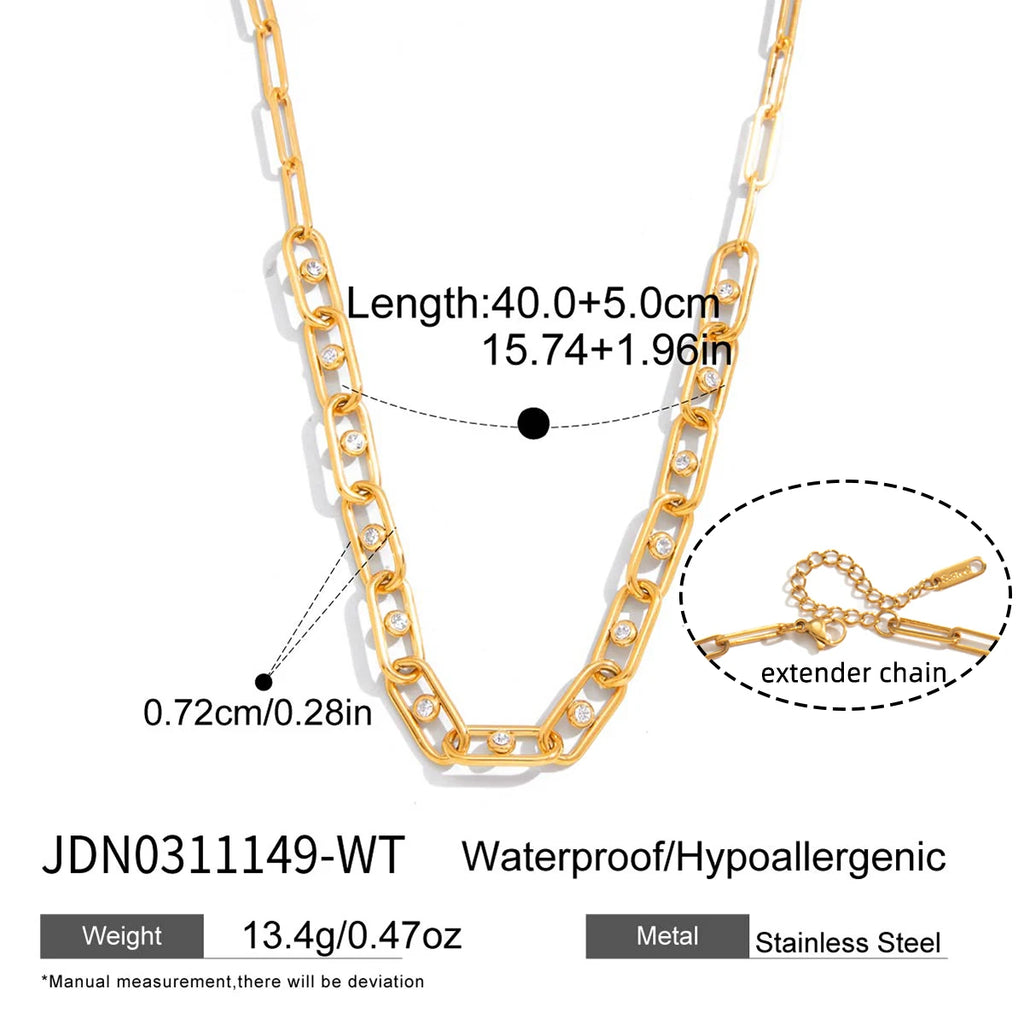 Hollow-Out Paperclip Chain Necklace With Green Rhinestones