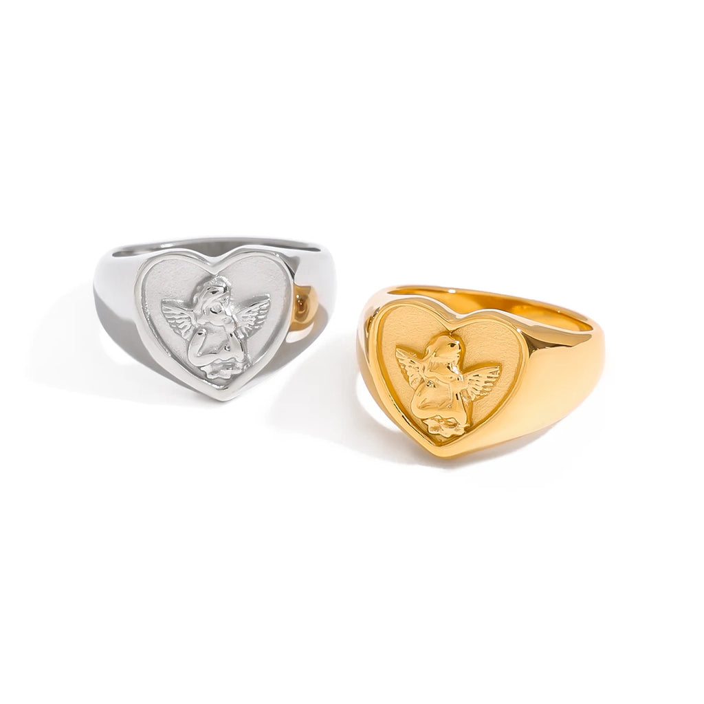 KIKA Minimalist Heart Angel Ring Stainless Steel 316L Waterproof Stackable Love Ring