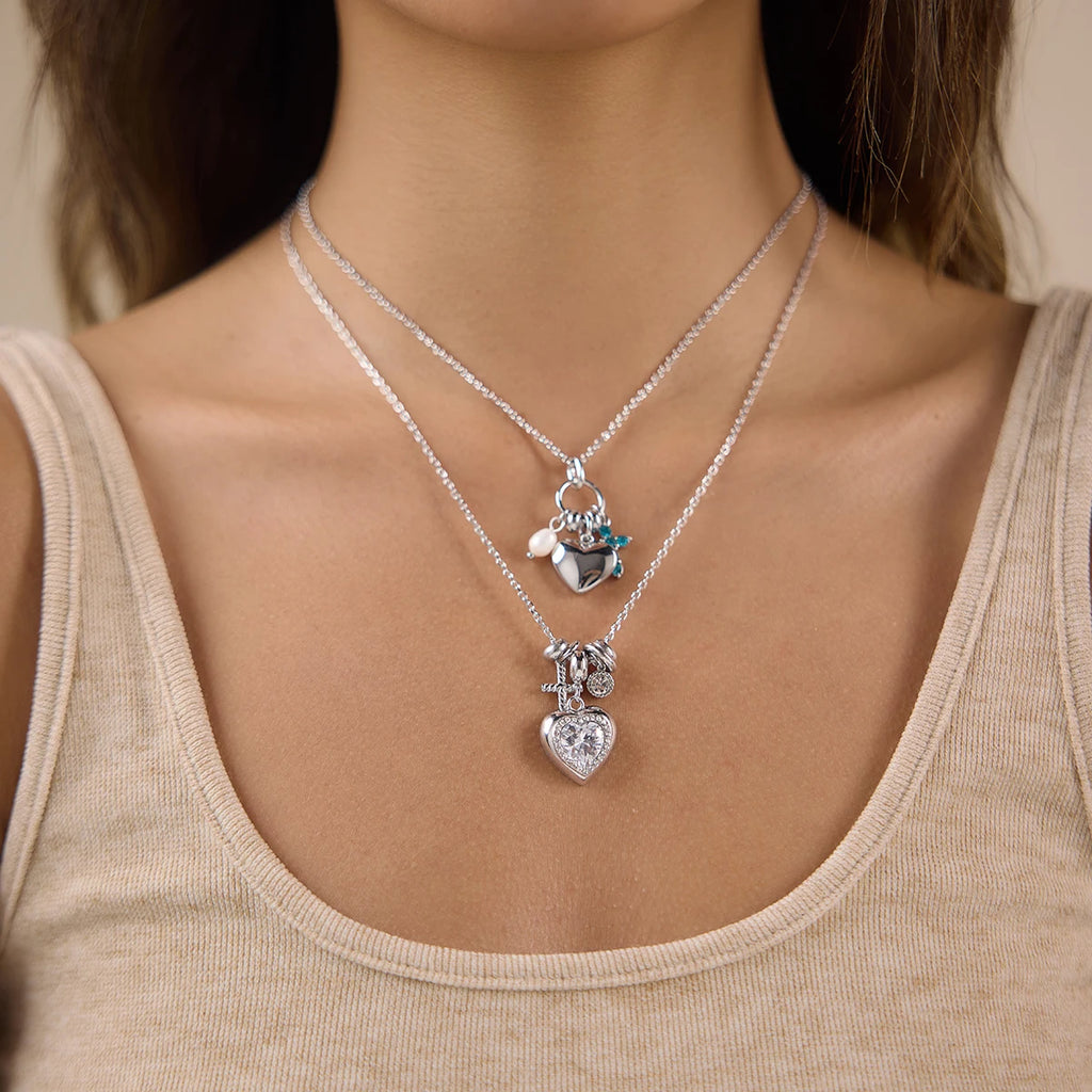 Kika Delicate Steel Color Cross Heart-Shaped Pendant With White Rhinestone Zircon O-Chain Necklace