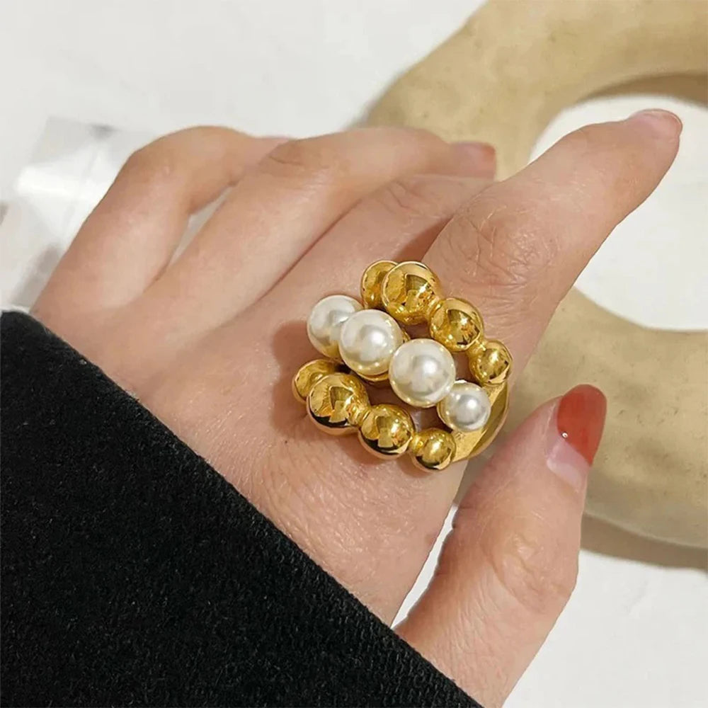 Kika Stacking Pearl Ring For Women-18K Gold Color Plated Large Statement Ring
