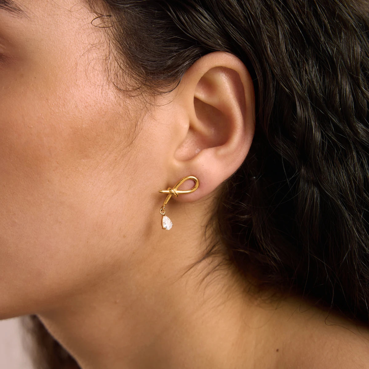 KIKA Water Drop Zircon Pendant Knotted Earrings Minimalist 18K Gold Plated Stainless Steel 316L