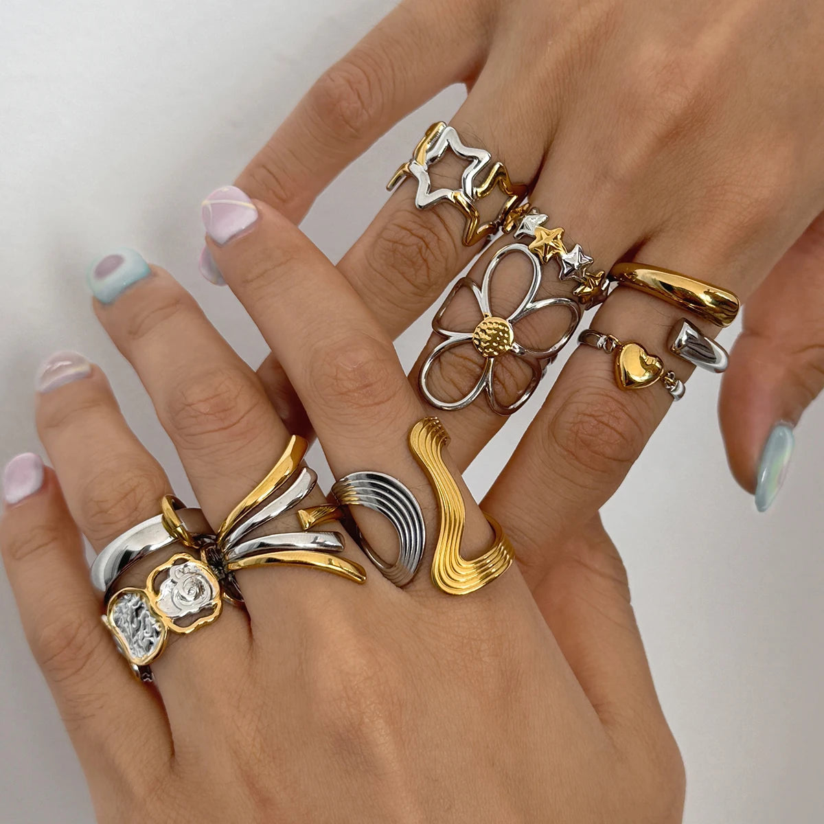 KIKA Minimalist Stainless Steel 3216L Two tone Hollow Flower Ring Stackable Texture Ring