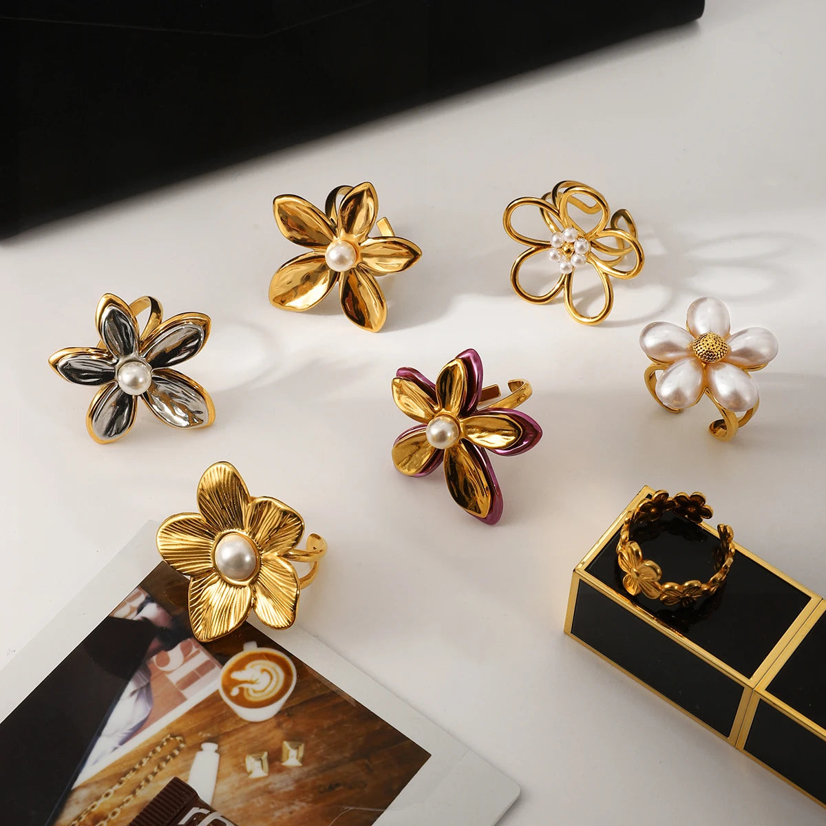 Kika Fashionable Sweet 18K Gold Color Plated Stainless Steel Pearl Five Petal Flower Ring