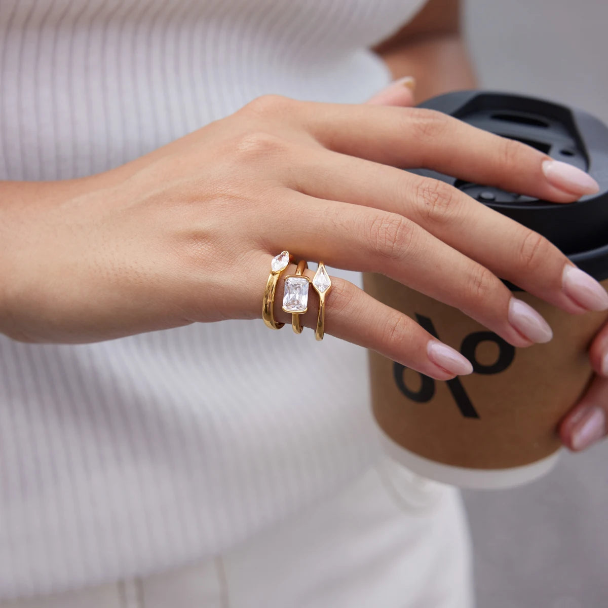 KIKA  Geometric Zircon Stackable Pinky Rings PVD 18K Gold Plated Stainless Steel 316L