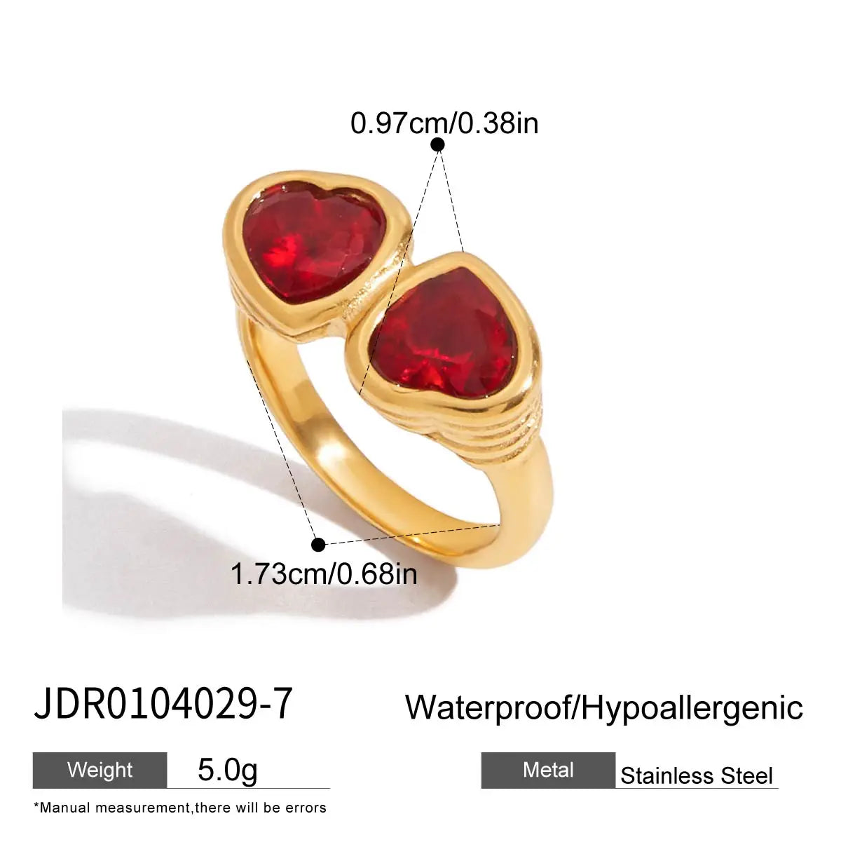 Kika Vintage Deep Red Zircon Heart Ring 18K Gold Color Plated Stainless Steel