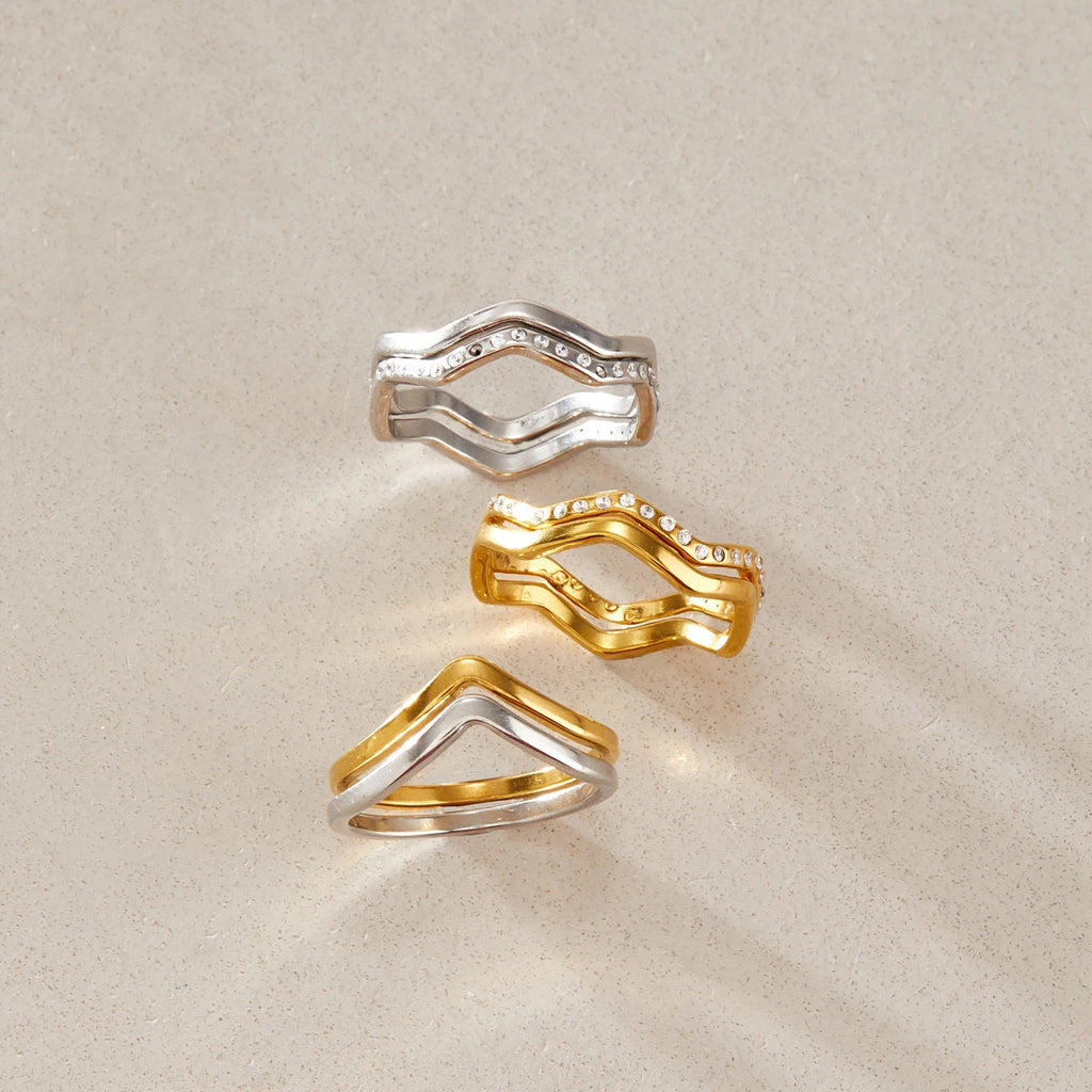KIKA 2 Pcs/Set Zircon Wave Shape Rings For Women Minimalist 18K Gold PVD Plated Stainless Steel Rings Fashion Jewelry Gift