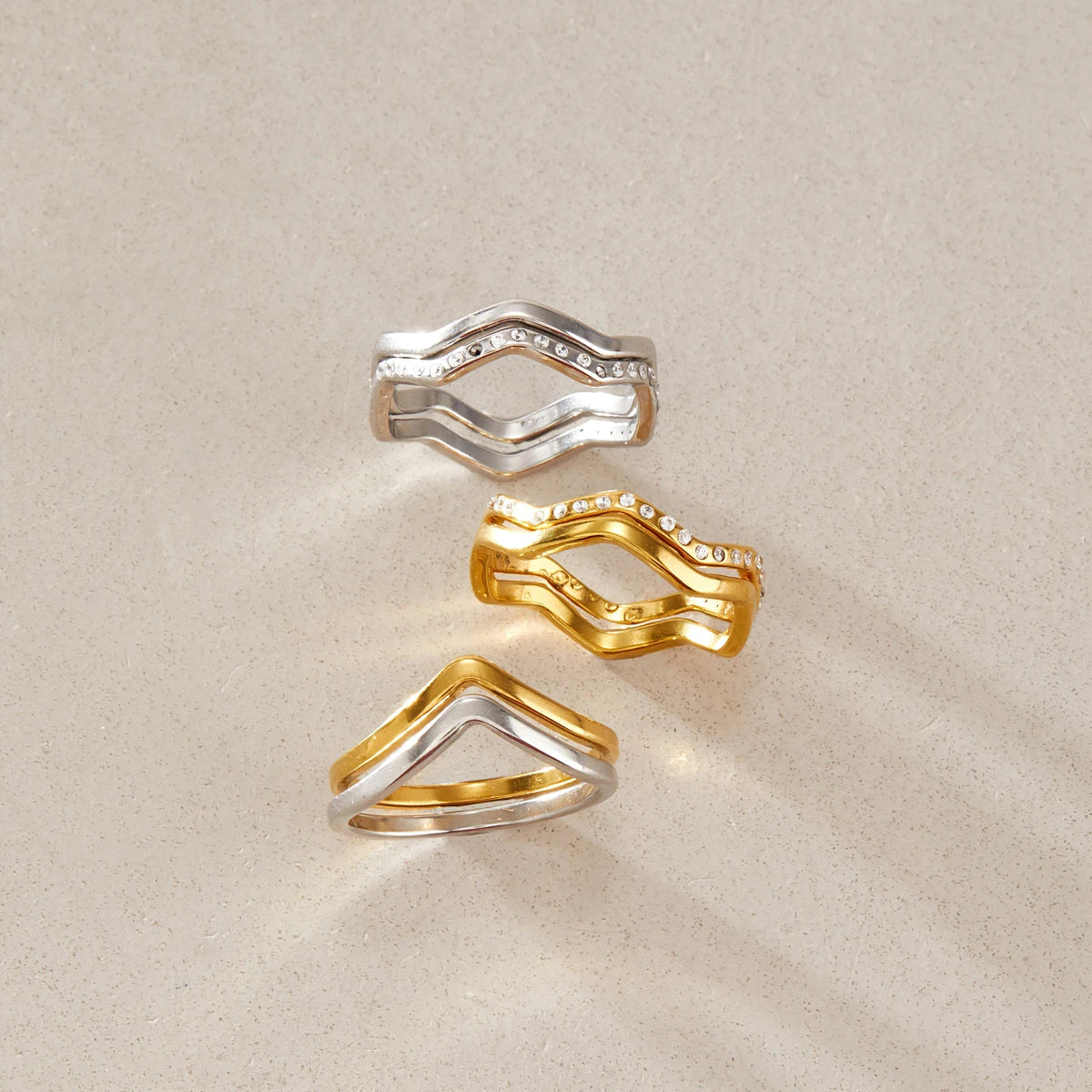 KIKA 2 Pcs/Set Zircon Wave Shape Rings For Women Minimalist 18K Gold PVD Plated Stainless Steel Rings Fashion Jewelry Gift