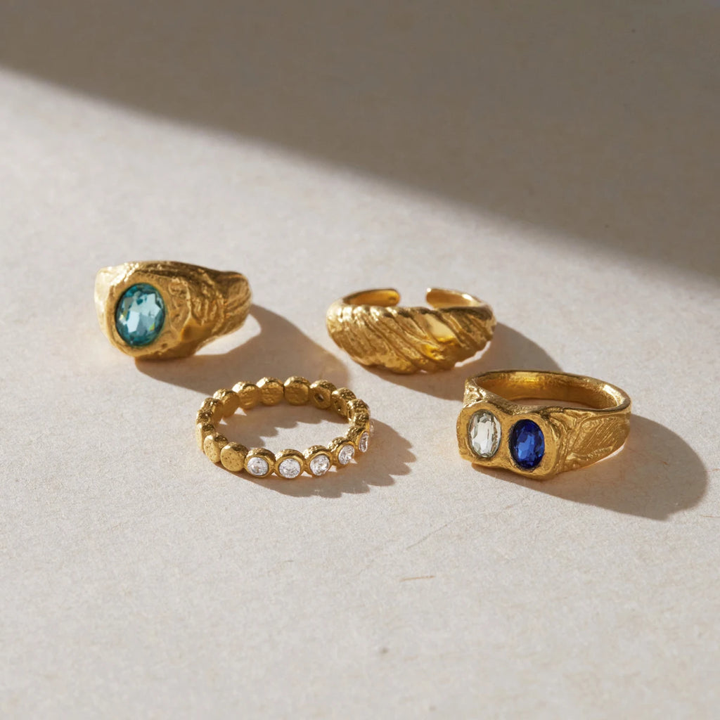 Kika Elegant Blue Crystal Chunky Rings 18K Gold PVD Plated Stainless Steel 316l
