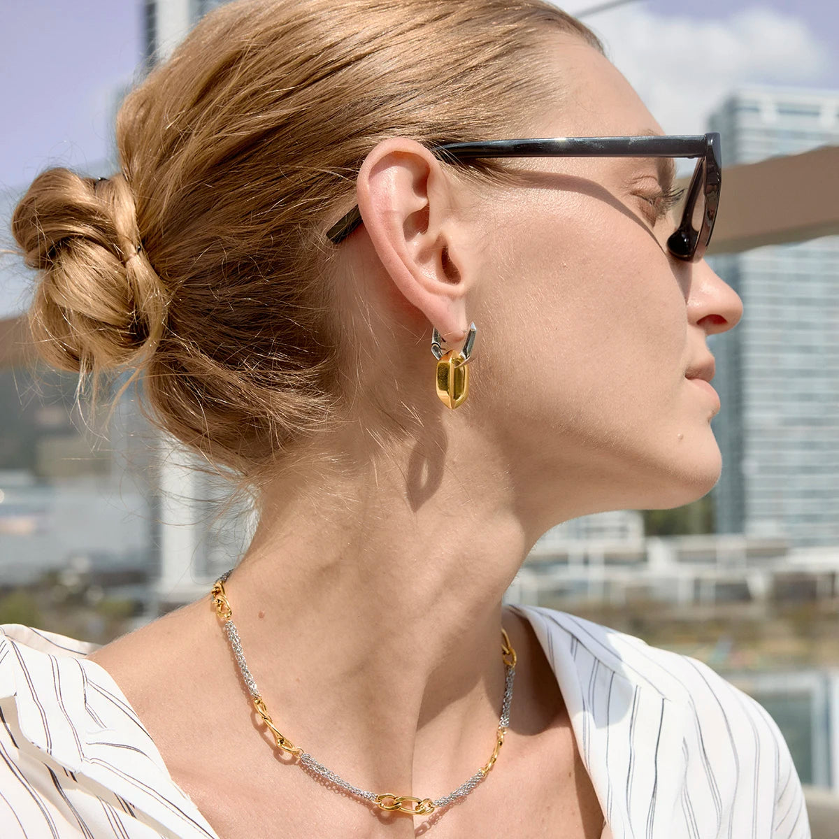 Kika  Delicate Blocked Smooth Geometric Double Ring Pendant Earrings