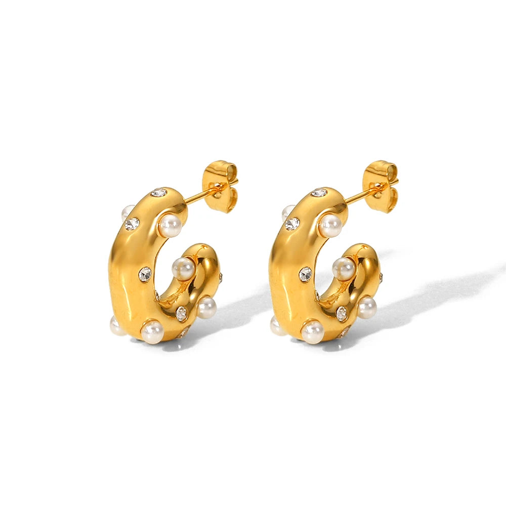 KIKA Shaped Hammer Shiny Zircon CC Shape Hoop Earrings For Women 18K Gold PVD Plated Stainless Steel 316L
