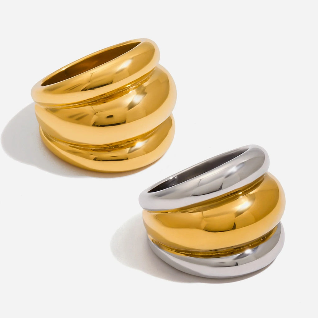 KIKA Statement 18K Gold Color Plated Stainless Steel Waterproof Two tone Chubby Three layer Raised Ribbed Ring Women's Jewelry