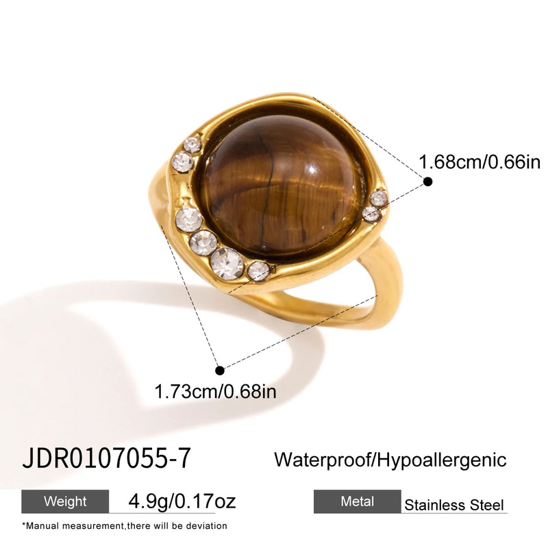 KIKA Vintage Crystal Natural Stone Rings For Women Waterproof 18K Gold PVD Plated Stainless Steel Rings Fashion Jewelry Gift