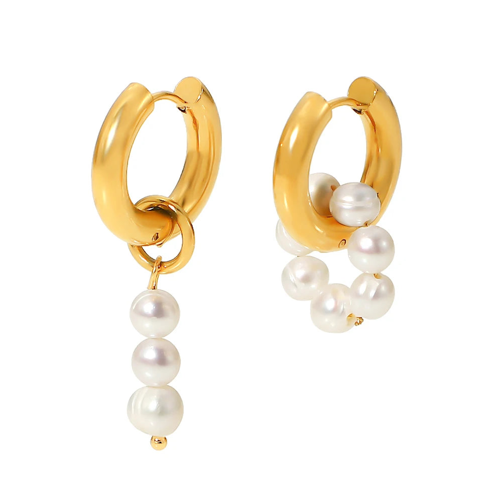 KIKA 316L Stainless Steel 316L Natural Pearl Hoop Earrings Trendy Metalic Golden Geometric