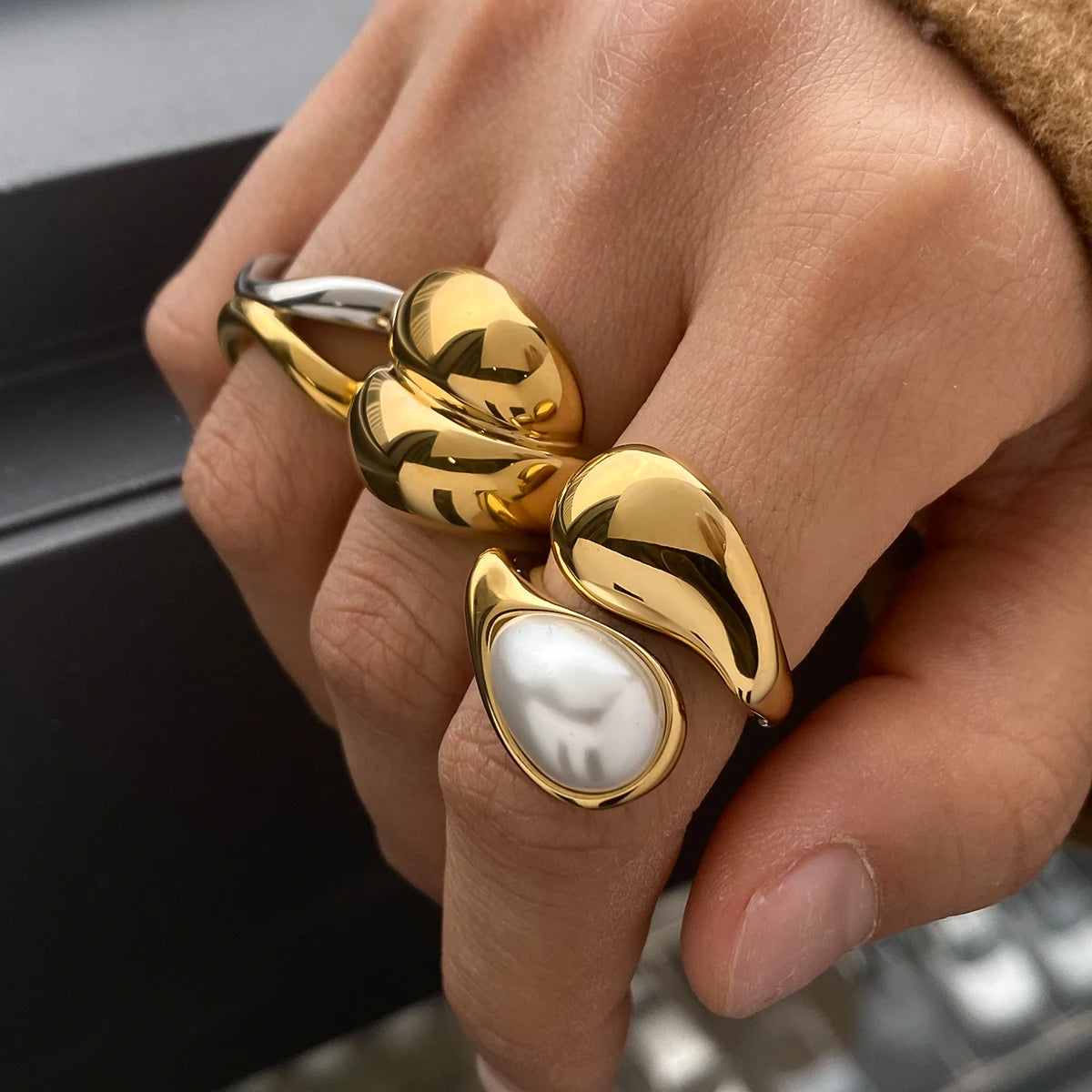 Kika Minimalist 18K Gold Color Plated Stainless Steel Waterdrop Pearl Ring