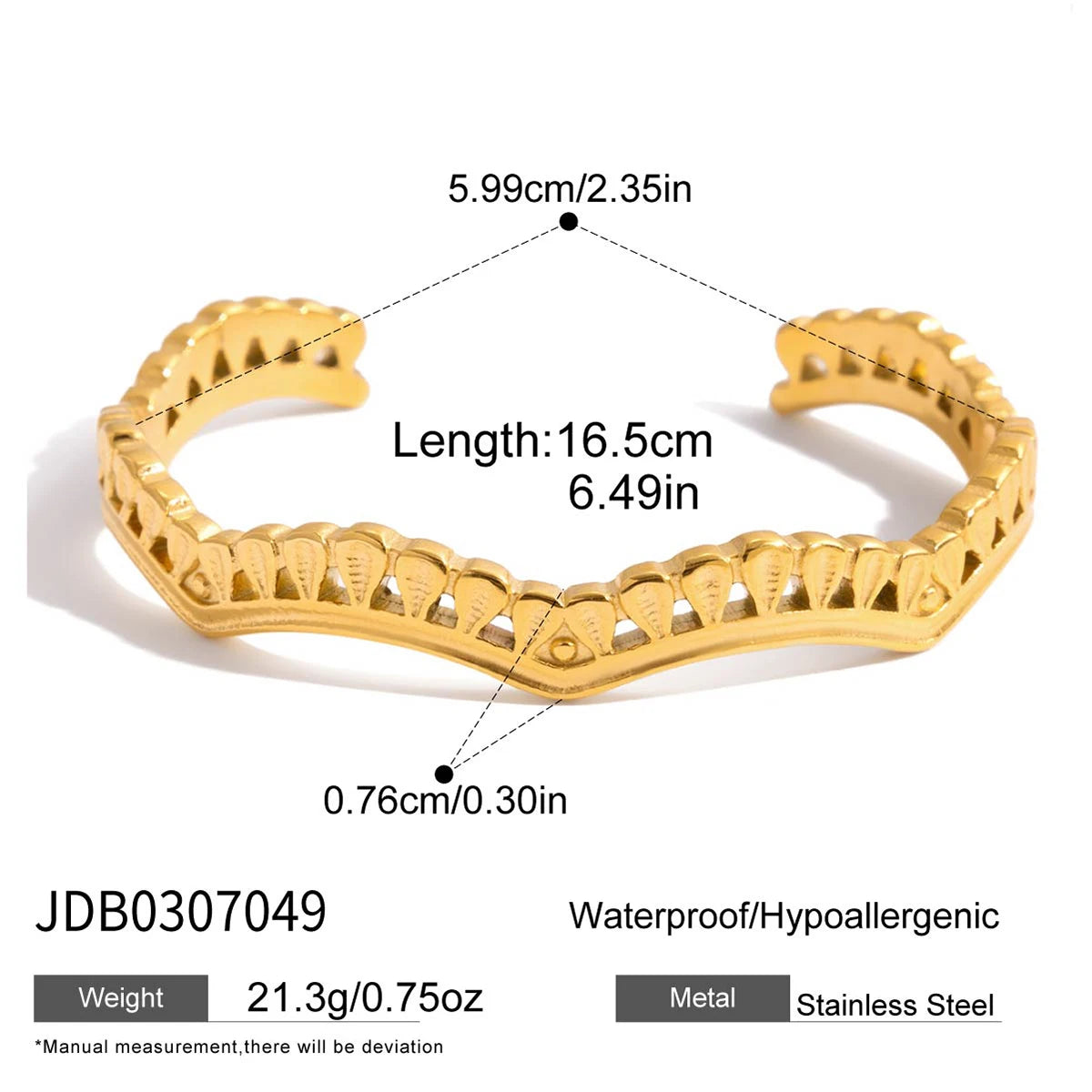 Kika Classic Vintage 18k Gold Color Plated Lace Hollow Wave Open Bracelets Waterproof Stainless Steel