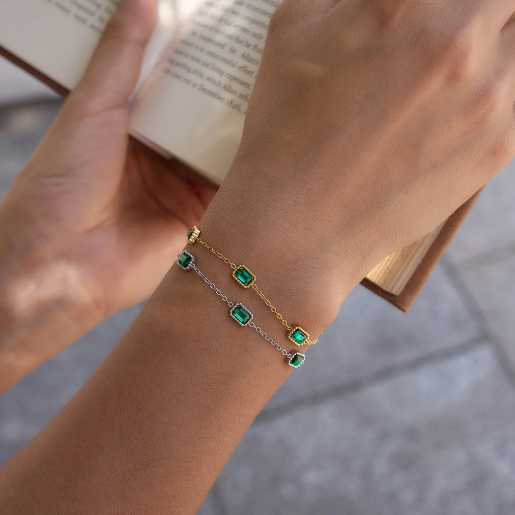KIKA Elegant Green Zircon Chain Bracelet PVD Plated Stainless Steel 316L