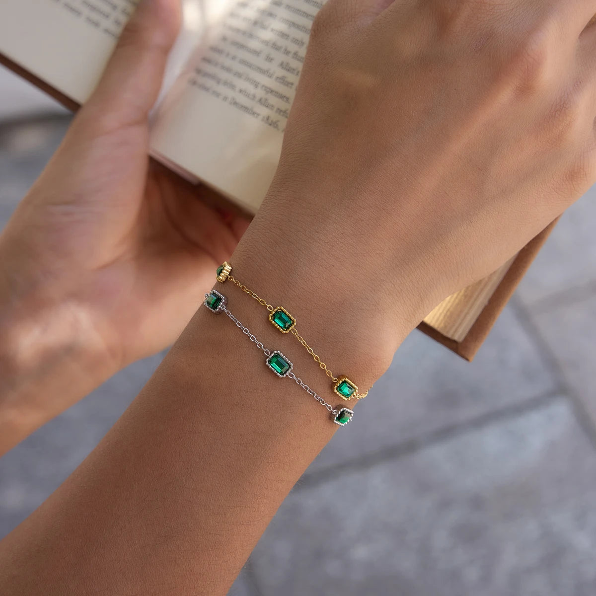 KIKA Elegant Green Zircon Chain Bracelet PVD Plated Stainless Steel 316L