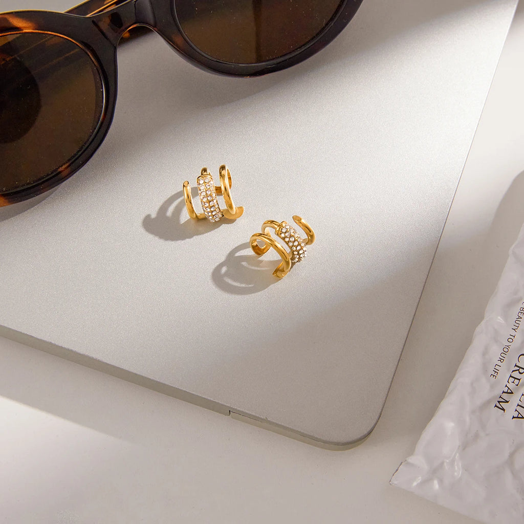 KIKA Delicate Three Layer Ear Clip With White Rhinestone Earrings  PVD  Plated Stainless Steel 316L
