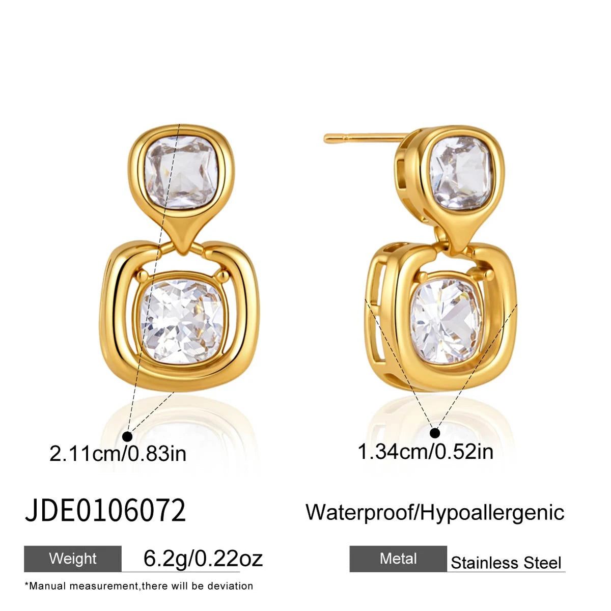 KIKA Delicate Square Zircon Earrings  18K Gold PVD Plated Stainless Steel 316L
