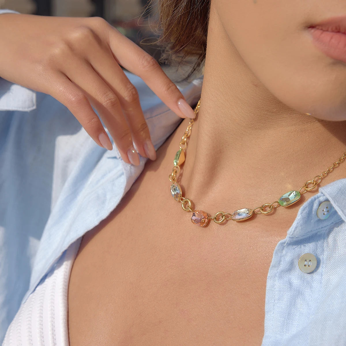 Kika Summer Delicate Geometric Colored Rhinestone Chain Necklace