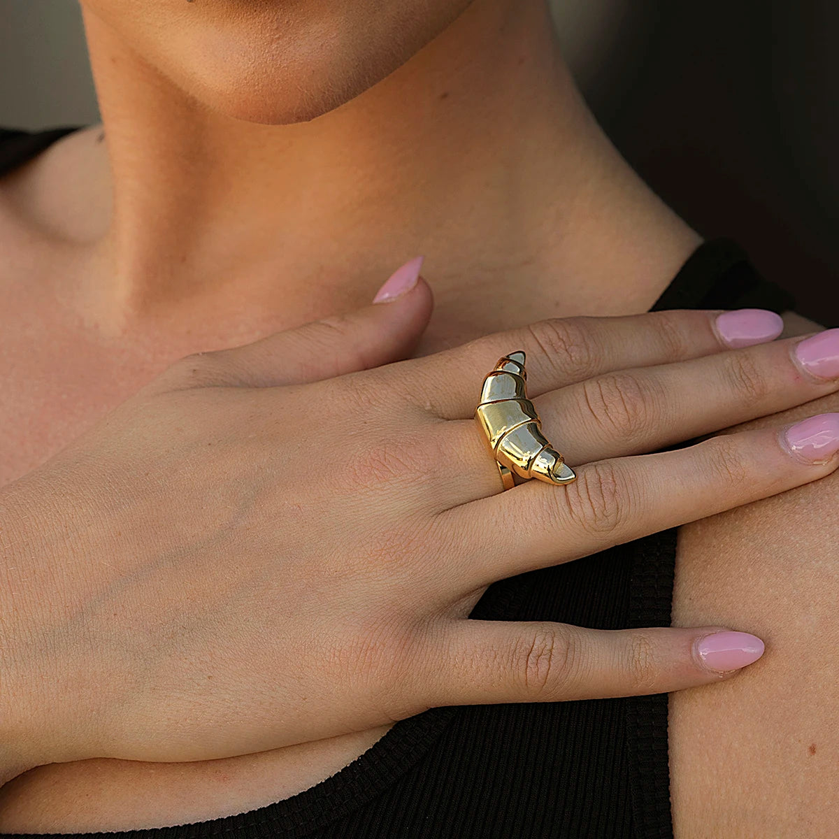 Kika Fashion Stainless Steel Croissants Open Big Ring Charm Metal Gold Color Waterproof