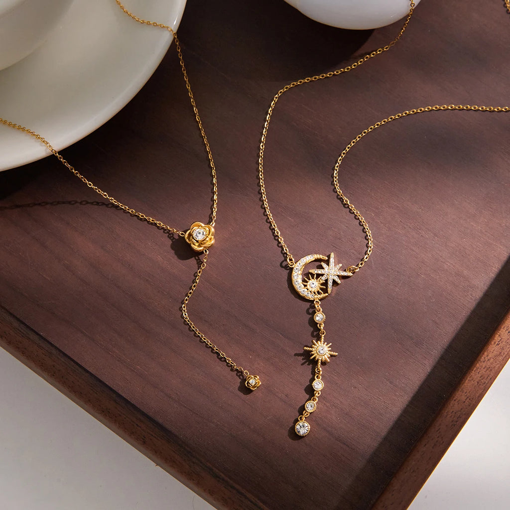 Kika Rhinestones Flower Star Moon Pendant Y-Shaped Chain Necklace
