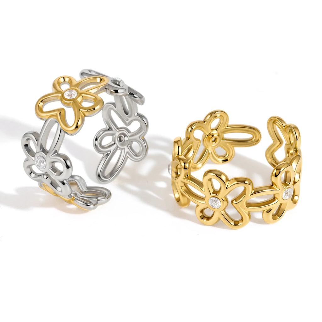 KIKA Delicate Hollow-Out Flower Opening Ring PVD  Plated Stainless Steel 316L