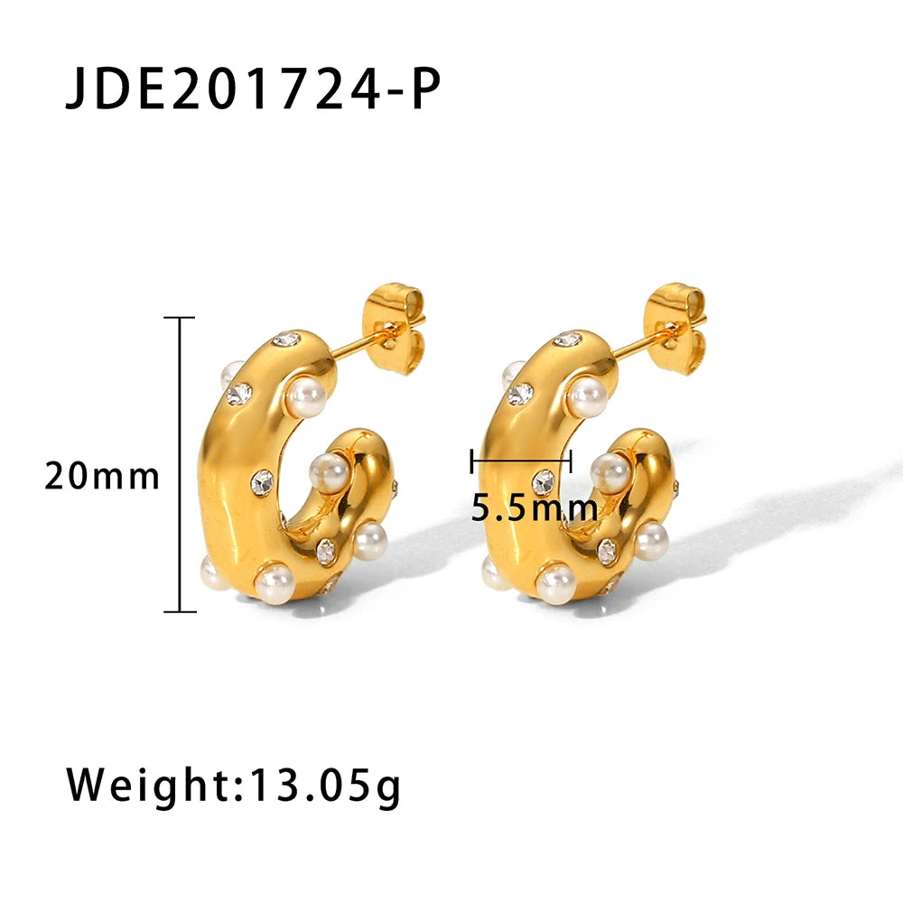 KIKA Shaped Hammer Shiny Zircon CC Shape Hoop Earrings For Women 18K Gold PVD Plated Stainless Steel 316L