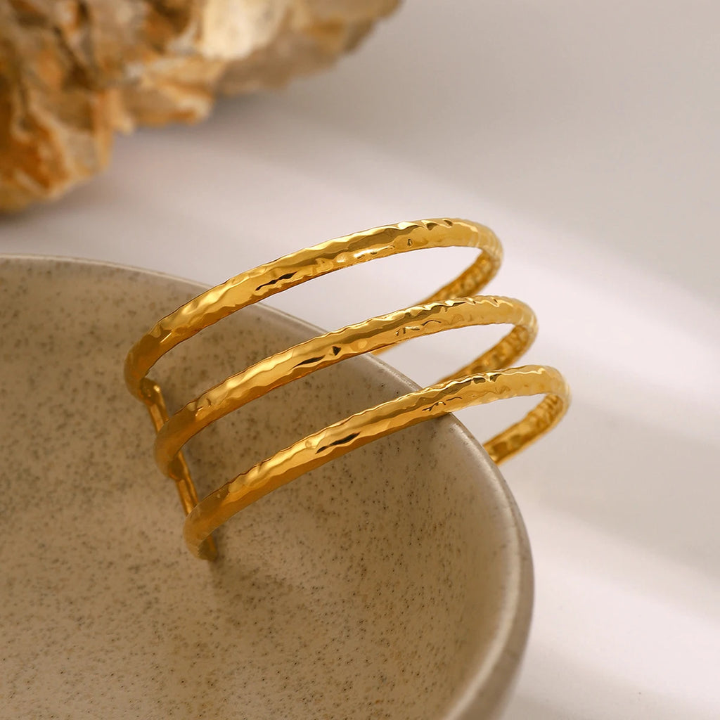 KIKA Stainless Steel Statement Gold Color Cuff Bracelet Bangle Metal Texture Multi-Layer Temperament Waterproof Jewelry