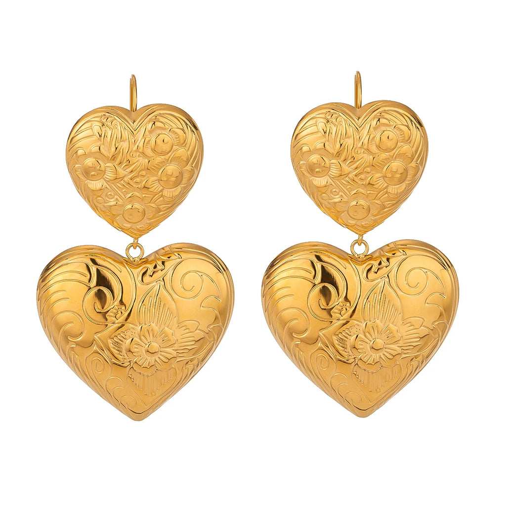 Vintage Heart Flower Texture Wave Earrings