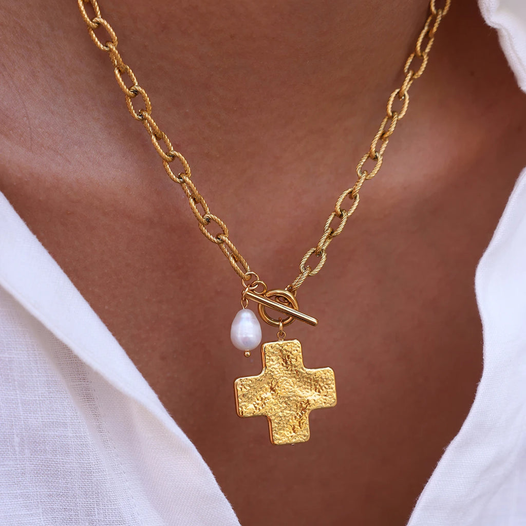 Kika Vintage Hammer Cross Freshwater Pearl Pendant Necklace