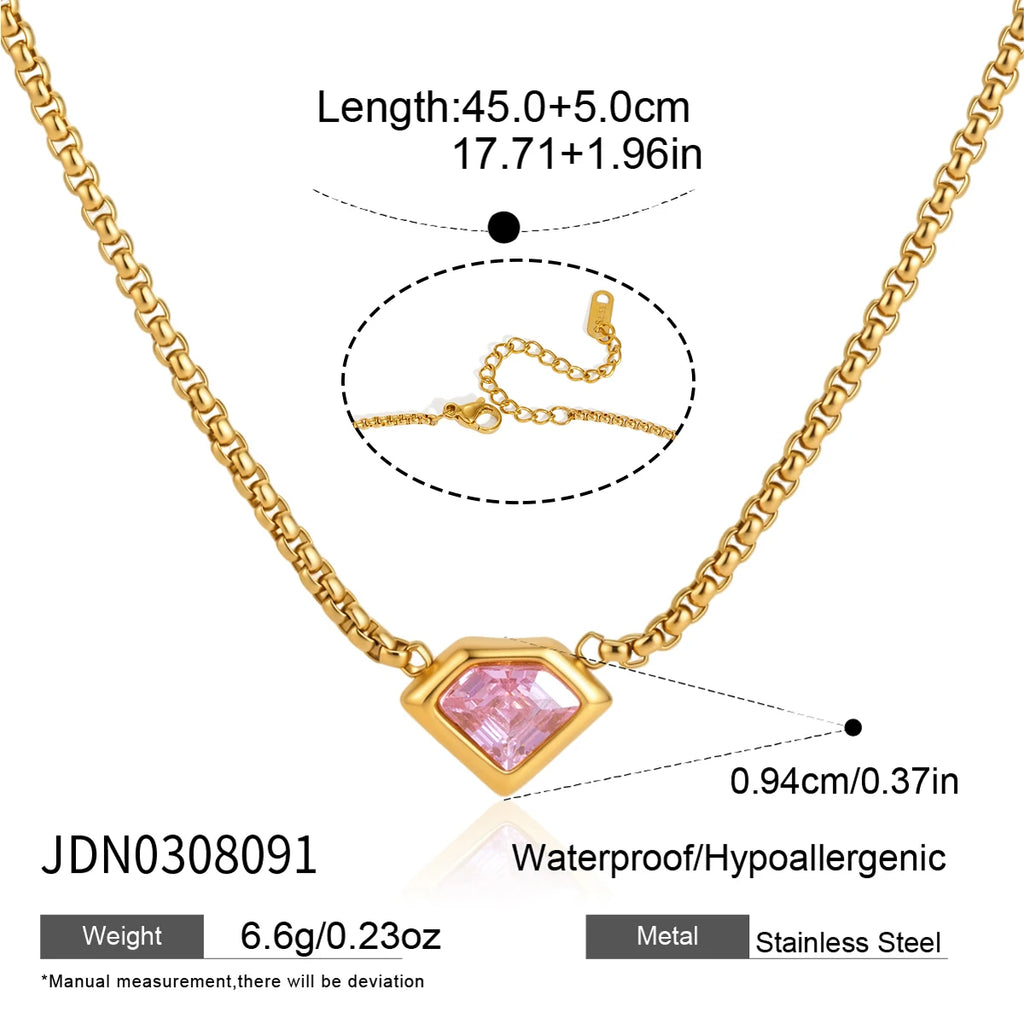 KIKA Geometric Pink Zircon Pendant Necklace For Women Minimalist 18K Gold PVD Plated Stainless Steel Necklace Fashion Jewelry