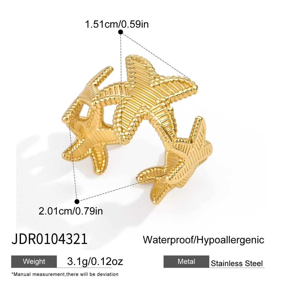 Kika Classic Starfish Shell Spiral Open Rings 18K Gold PVD Plated Stainless Steel 316L