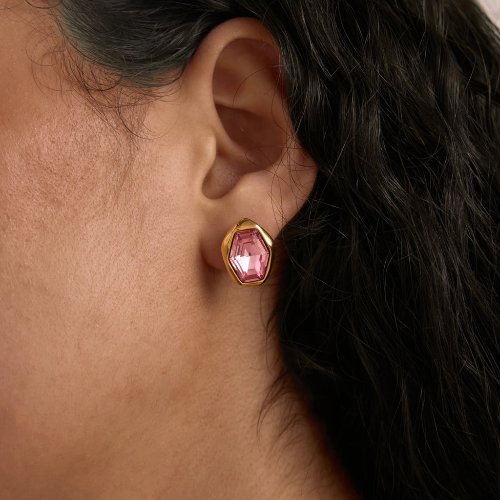 KIKA Elegant Glass Stone Stud Earrings  18K Gold PVD Plated Stainless Steel 316L