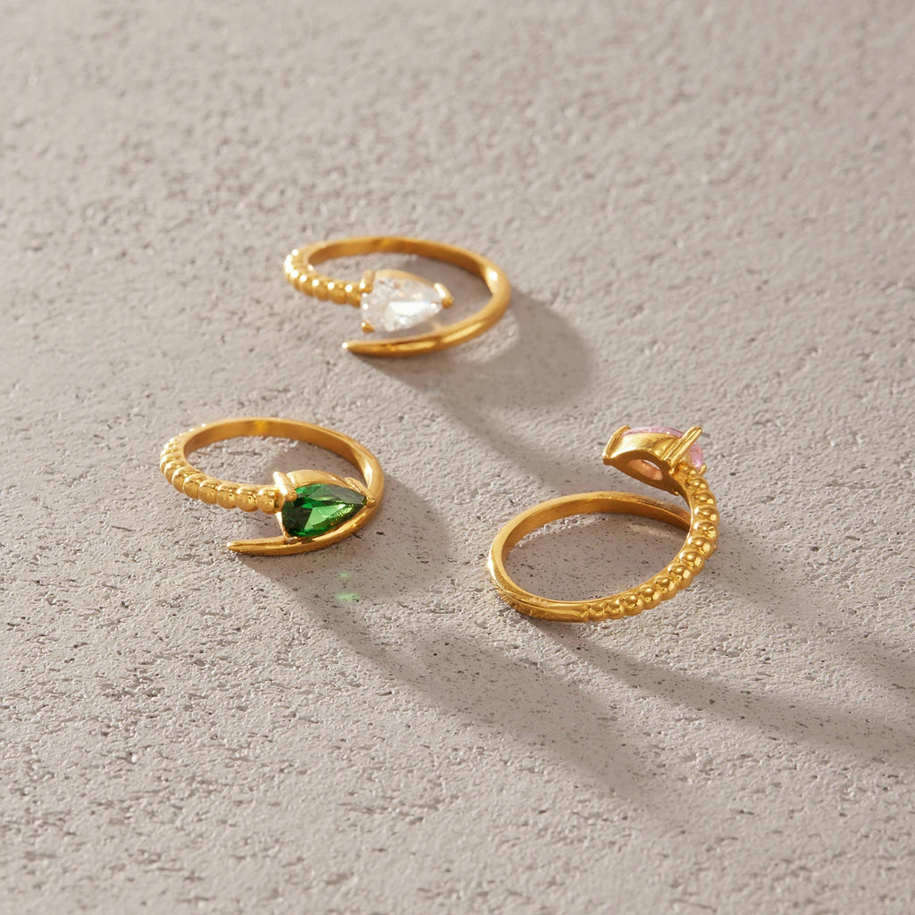 KIKA Water Drop Zircon Snake Shape Open Rings 18K Gold PVD Plated Stainless Steel 316L