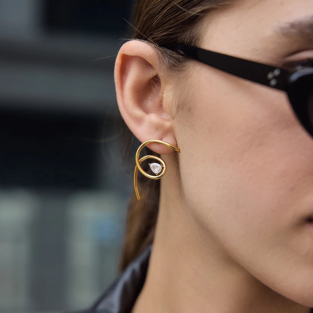 Kika Asymmetric Water Drop Round Zircon Spiral Stud Earrings